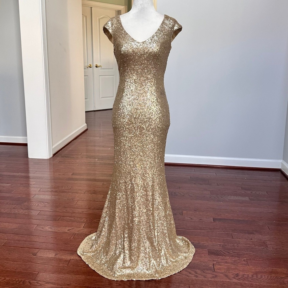 Luxury‎ Theia Bridesmaids Gold Gully Sequined Maxi Gown Dress Size 4